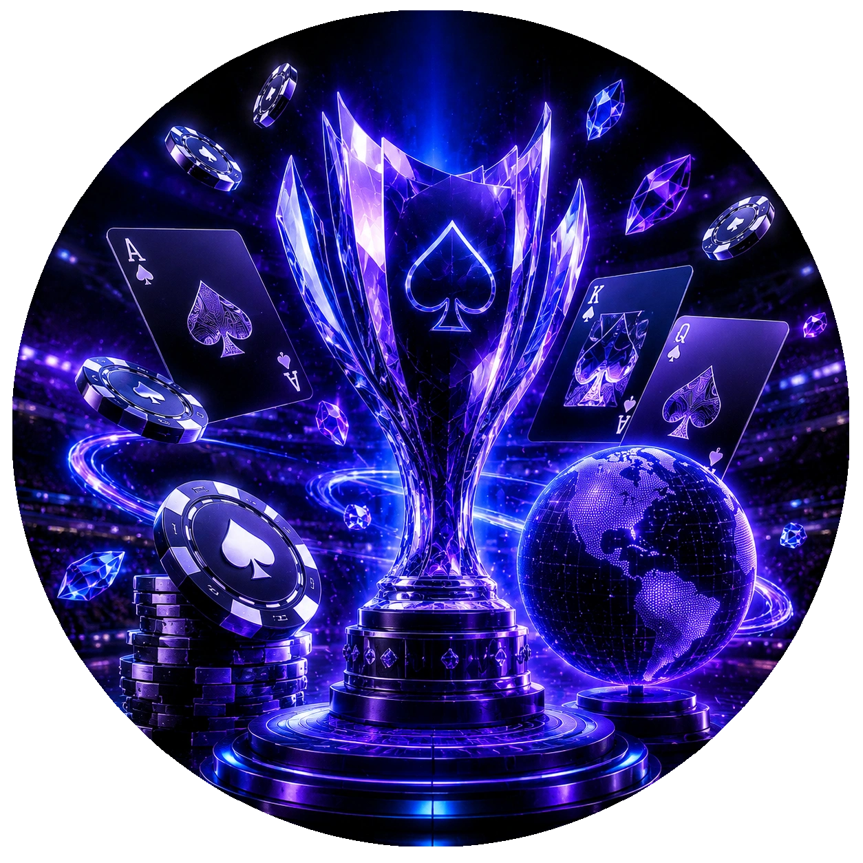 WPT Global crystal spade trophy with aces and chips on podium