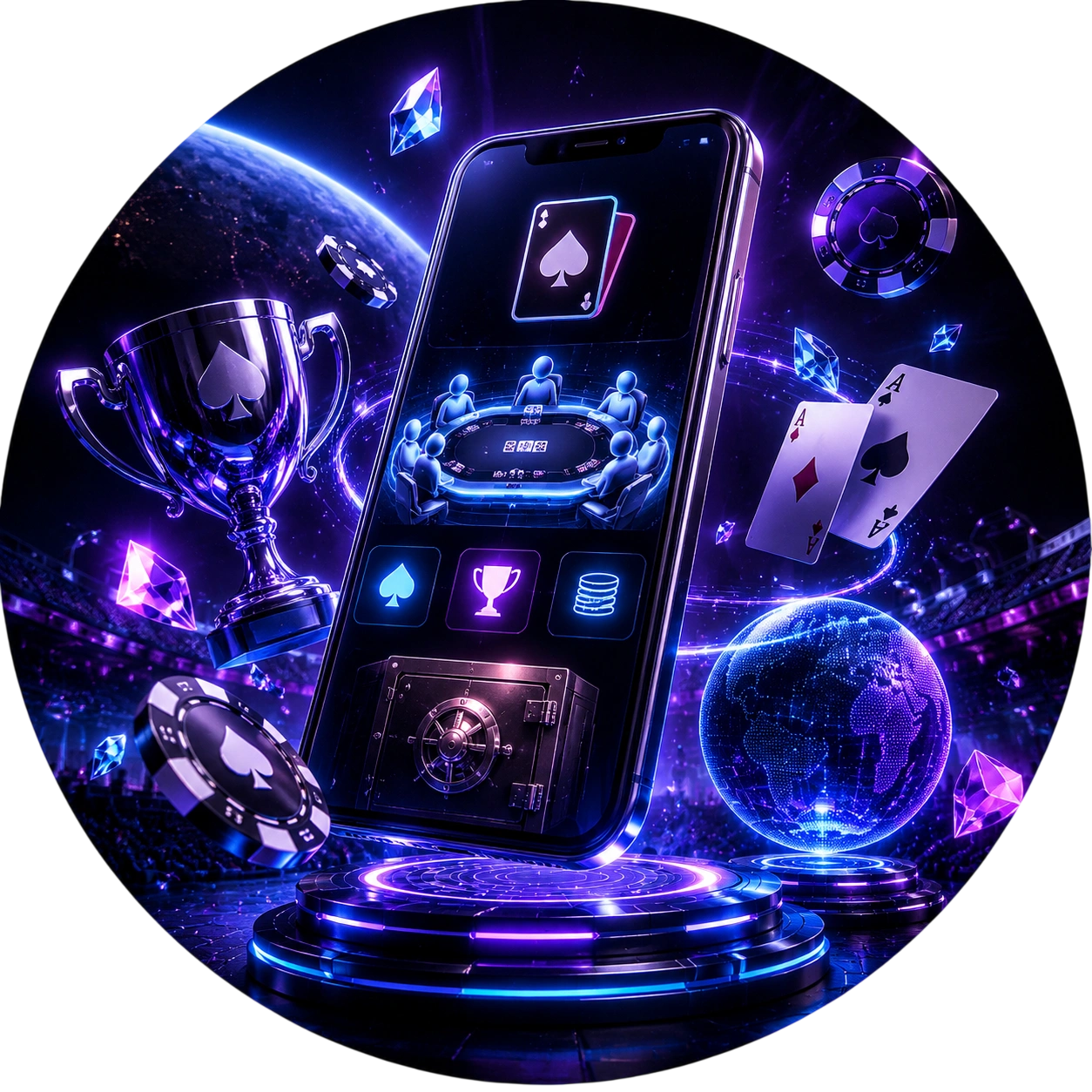 WPT Global mobile poker app with trophy, aces and globe scene