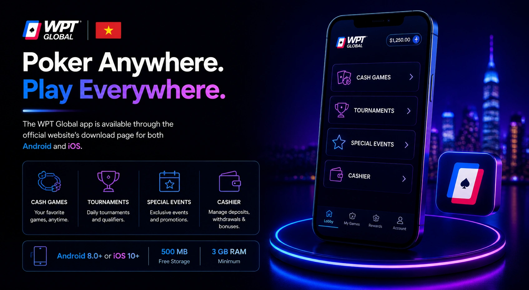 WPT Global Vietnam app lobby on phone with cashier and events
